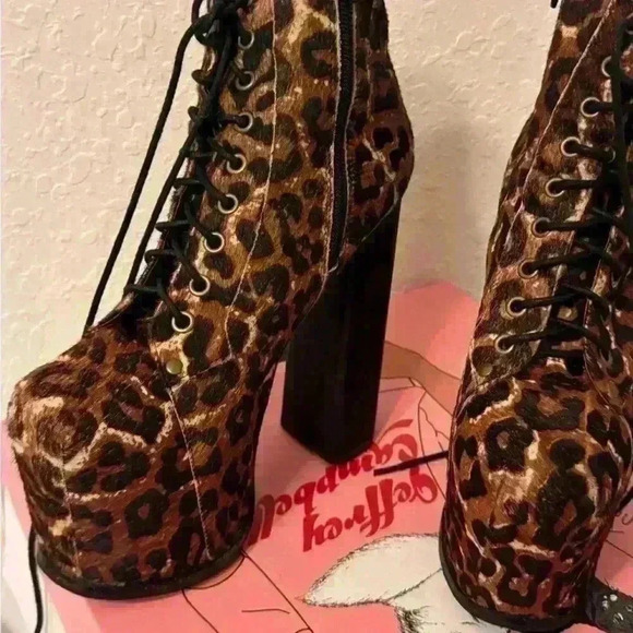 Jeffrey Campbell Womens Tan Leopard Print Lace-Up Platform Boots Size 7M - Picture 5 of 14